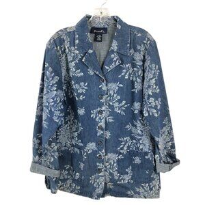Denim & Co Floral Denim Shacket Chore Coat Womens Size Large Cottagecore